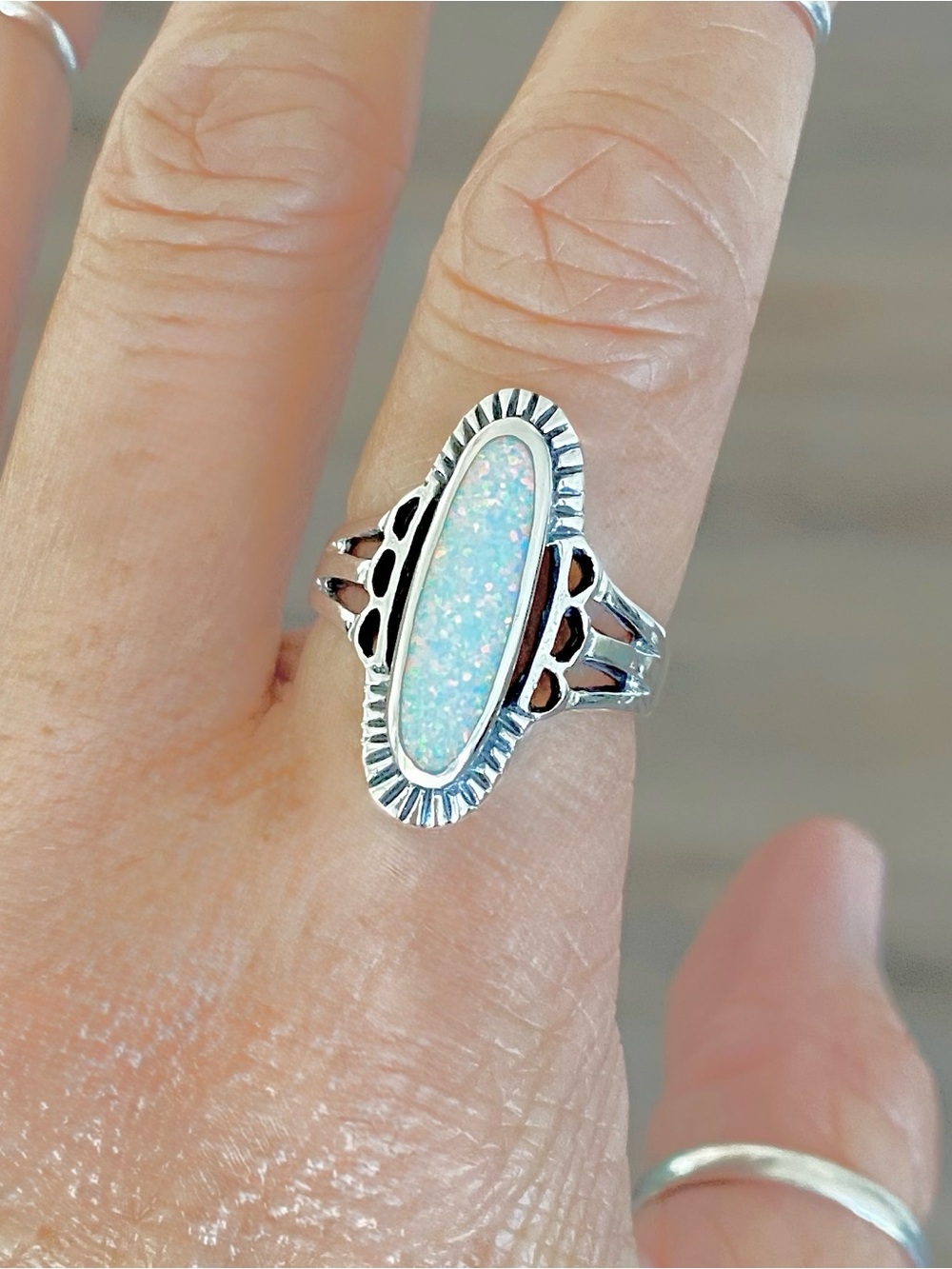 😍TOP SELLER😍 925 Silver Etched White Lab Opal Ring, Statement Boho Silver Rings - Picture 9 of 11